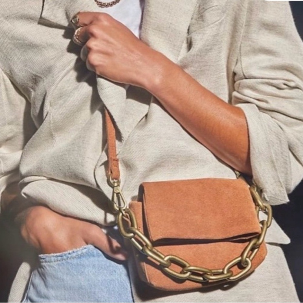Free People Charlie gold chain Tan Suede Women's Bag mini crossbody